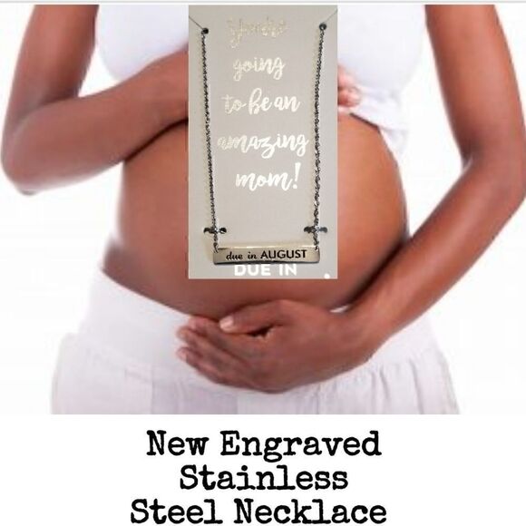 August Due Date Maternity Engraved Stainless Steel Necklace NEW - Picture 1 of 6